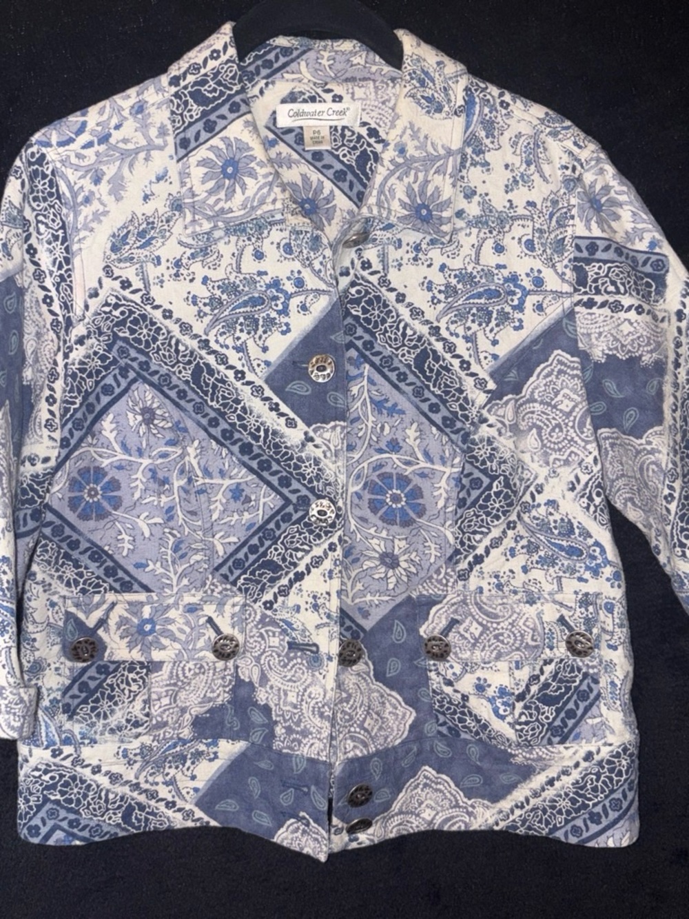 Coldwater Creek Women's Paisley Patchwork Button-Front Jacket P6 Blue Cream EUC